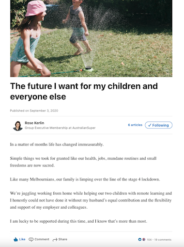 LinkedIn Post of Rose Kerlin entitled The future I want for my children and everyone else