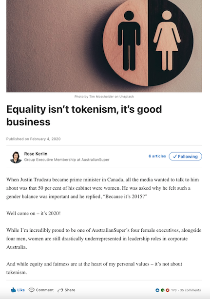 LinkedIn Post of Rose Kerlin entitled Equality isn't tokenism, it's good business