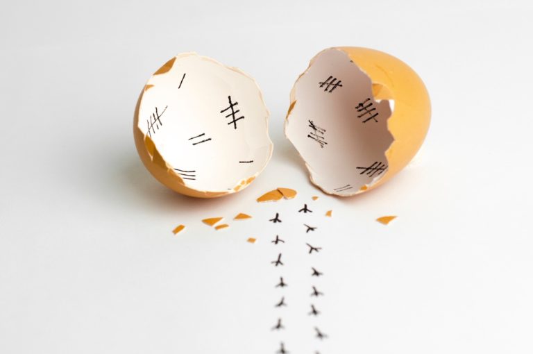 Cracked eggshells with stick numbers drawn inside and chick footprints