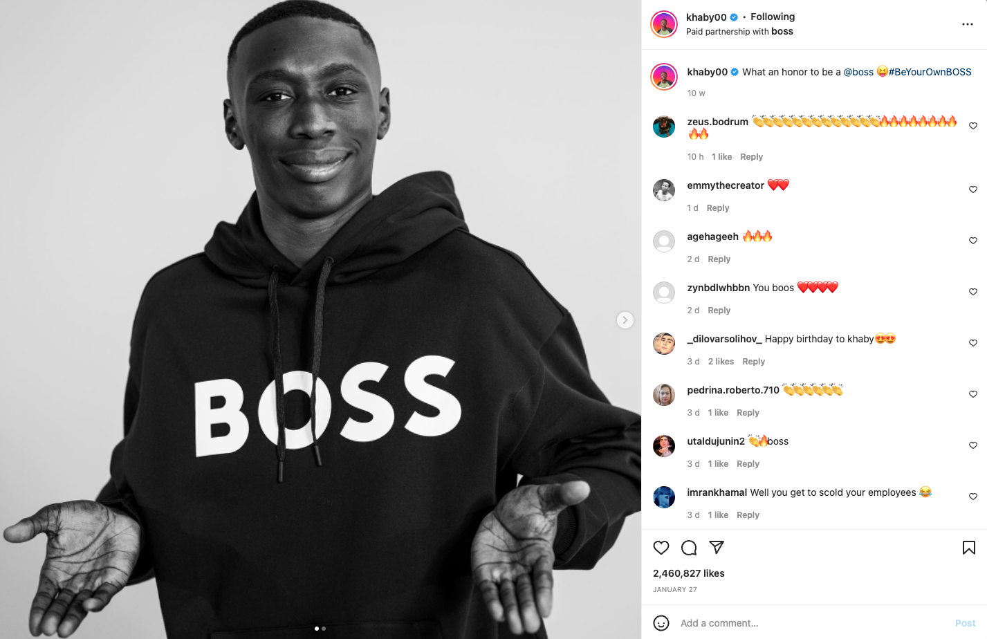 Image of Khaby00, an Instagram content creator, in a black hoodie that reads BOSS featuring comments on his social media post